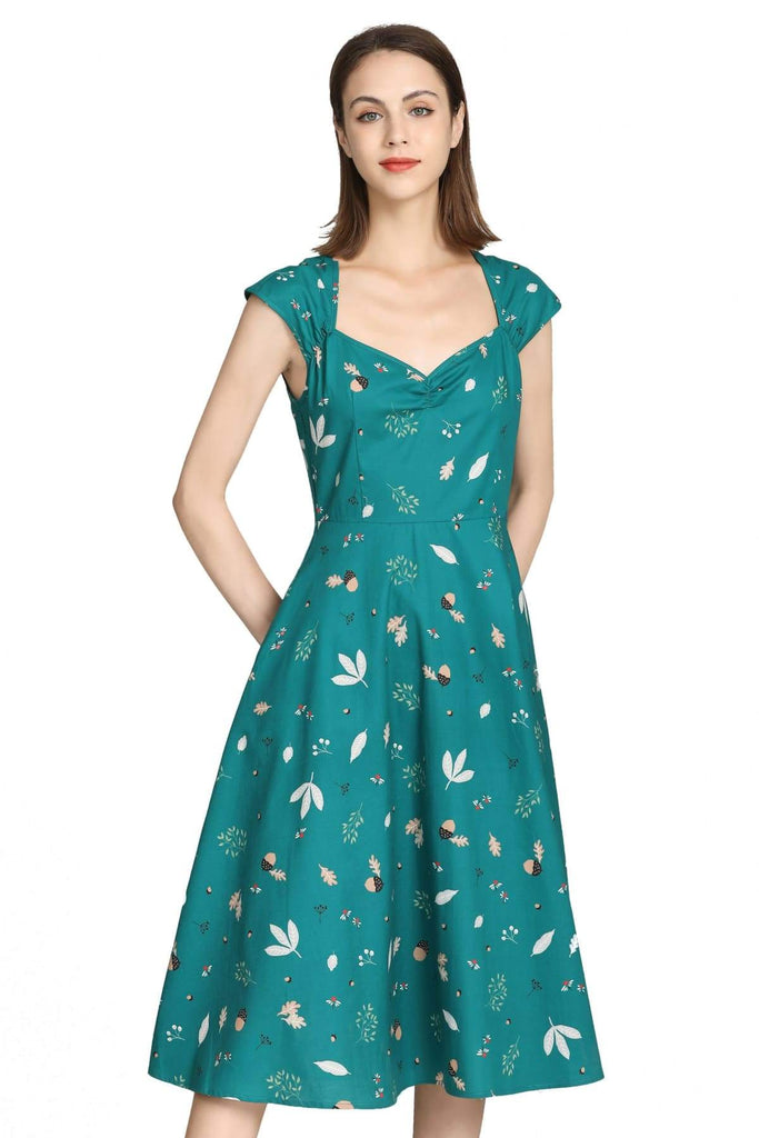Green Sweetheart Acorn & Leaves A Line Cotton Dress with Pockets