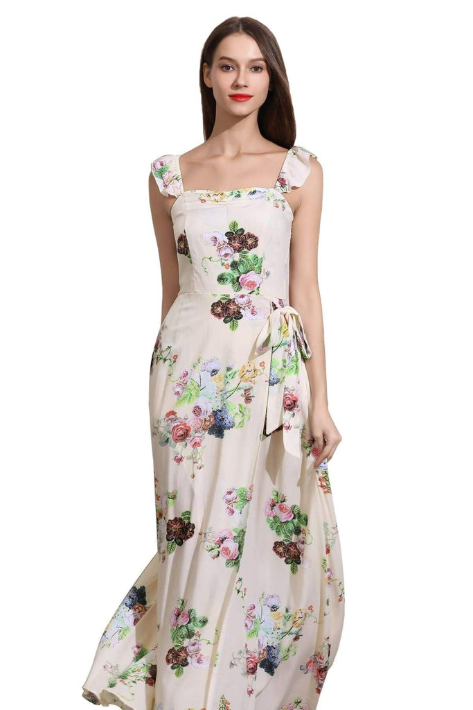 Light Cream Sweetheart Neckline Ruffle Strap with Beautiful Floral Details Tie Waist Maxi Dress