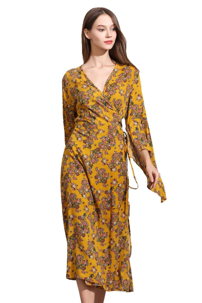 Light Mustard Yellow Angel Sleeve with Pink Bouquets Wrap Dress