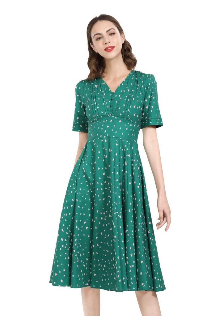 Lovely Green Hearts V Neck Button Up Cinched Waist A Line Short Sleeve Cotton Dress with Pockets
