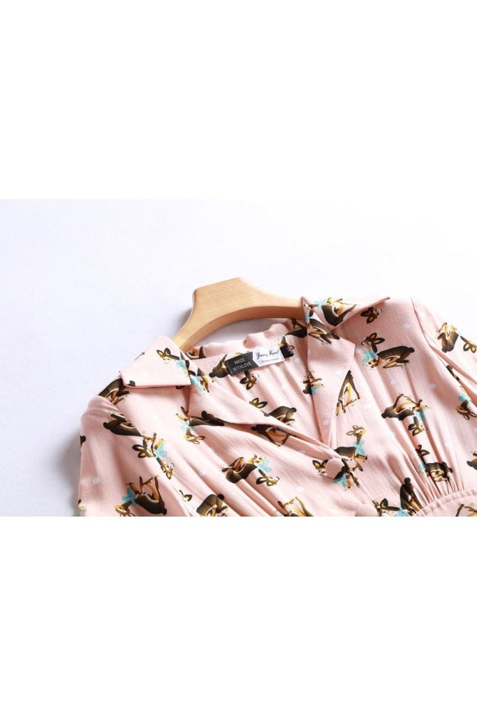 Lovely Pink Bambi Deer Collared Button Up T-Shirt Vintage Dress with Pockets