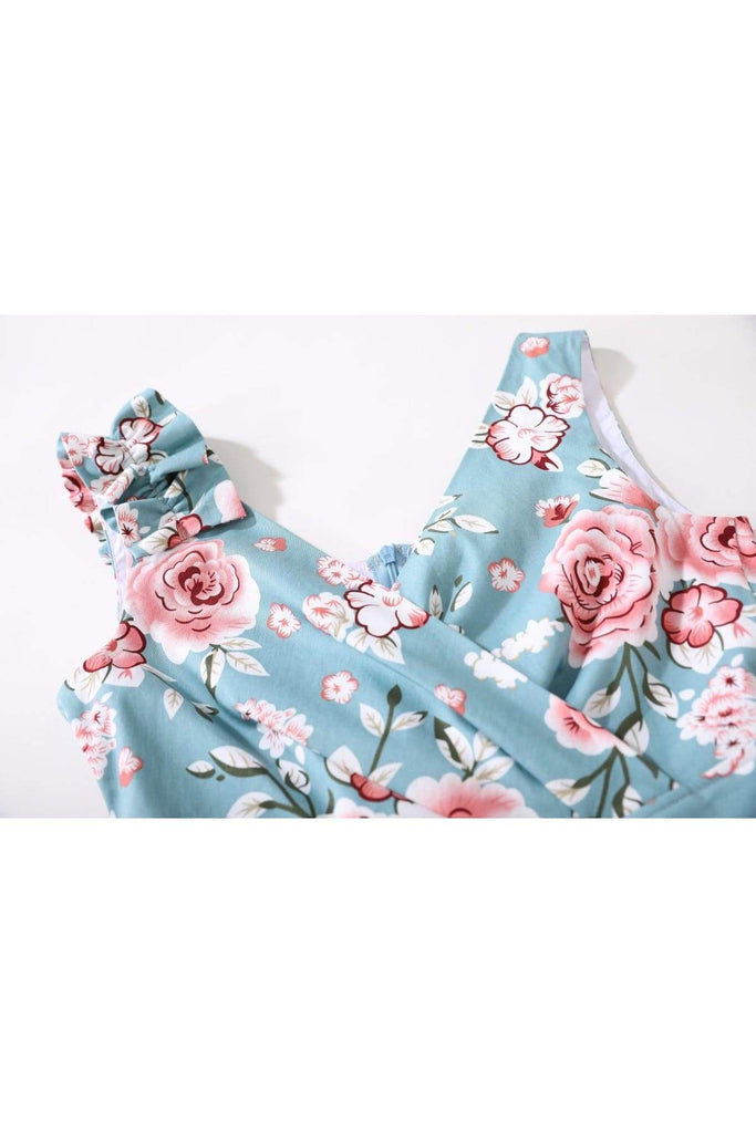 Mint Crossover V Neck with Pink Roses A Line Dress with Pockets