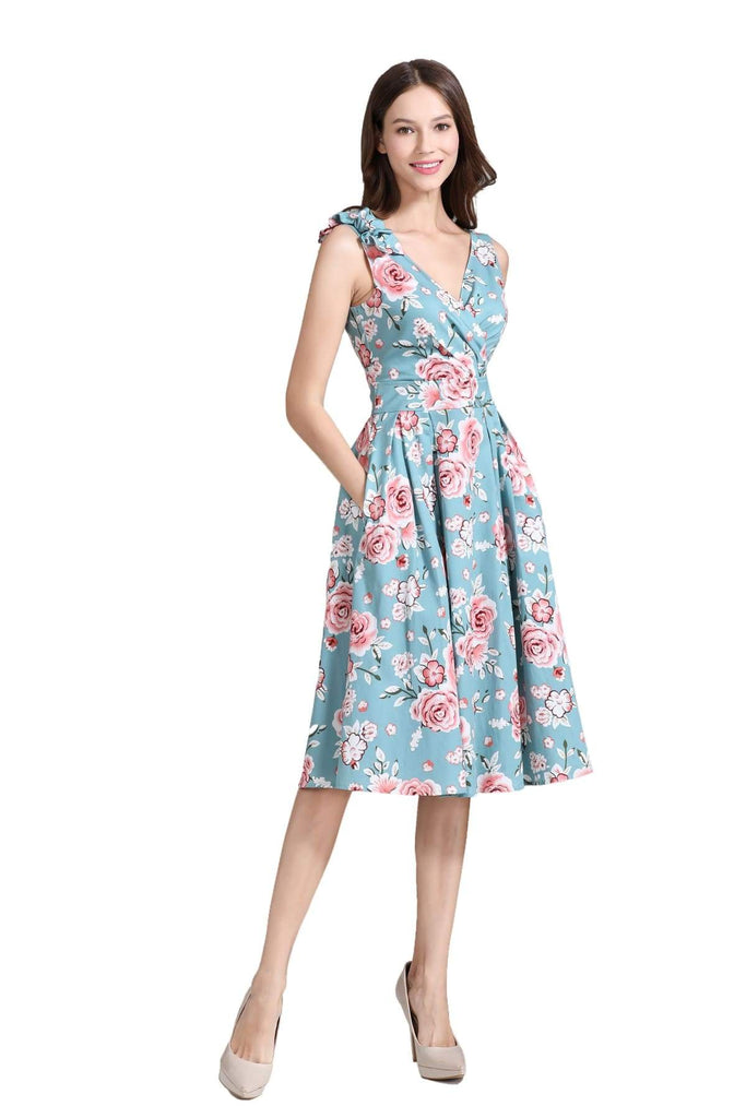 Mint Crossover V Neck with Pink Roses A Line Dress with Pockets