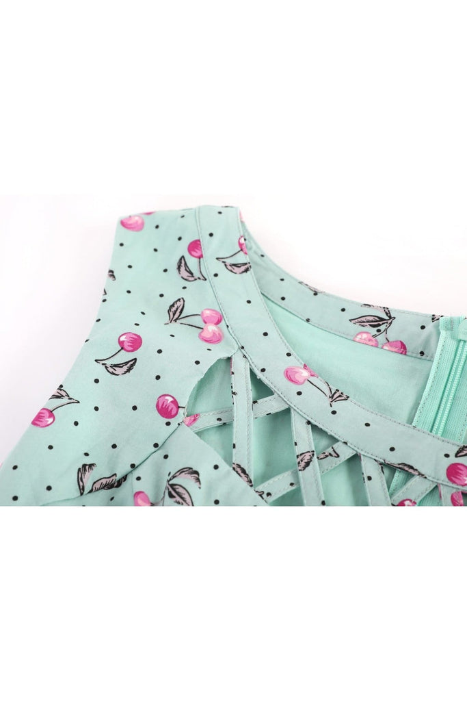 Mint with Purple Cherry Scoop Neck Lattice Detail A Line Cotton Dress with Pockets