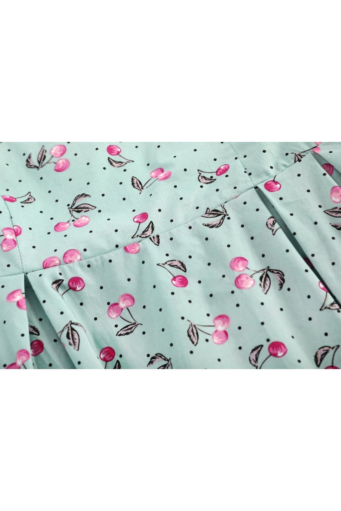 Mint with Purple Cherry Scoop Neck Lattice Detail A Line Cotton Dress with Pockets
