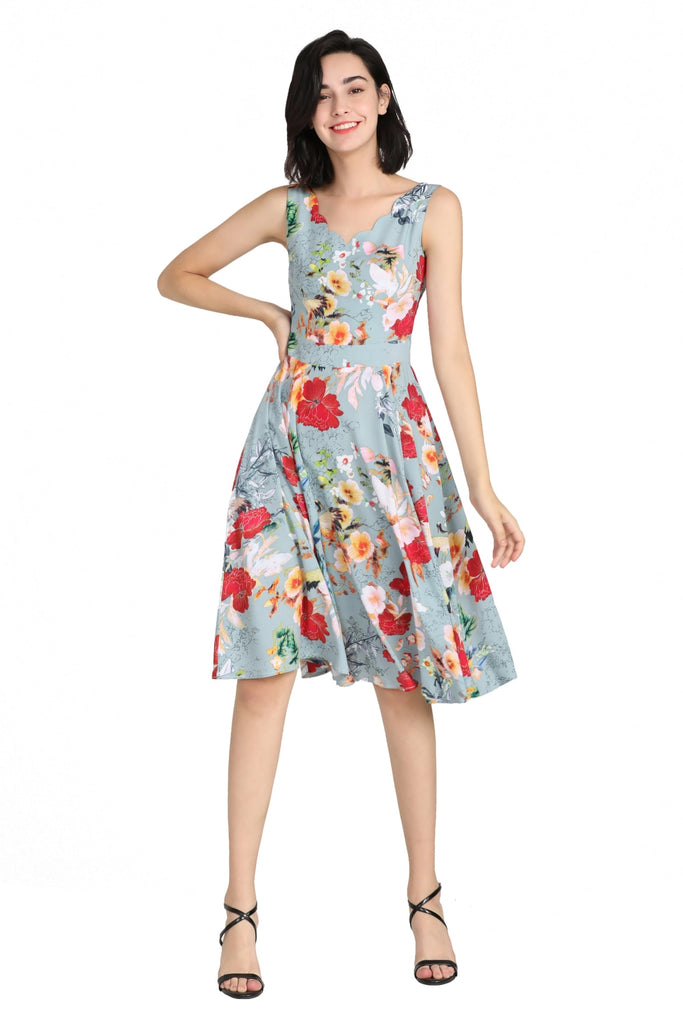 Mint Scallop Neckline with Gorgeous Cranes and Blooming Floral A Line Dress with Pockets
