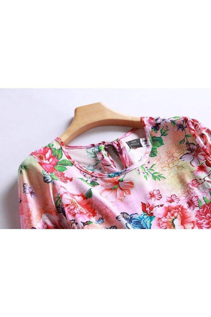 Multicoloured Scoop Neck with Blooming Pink Red and Peach Peony Bell Sleeve Top