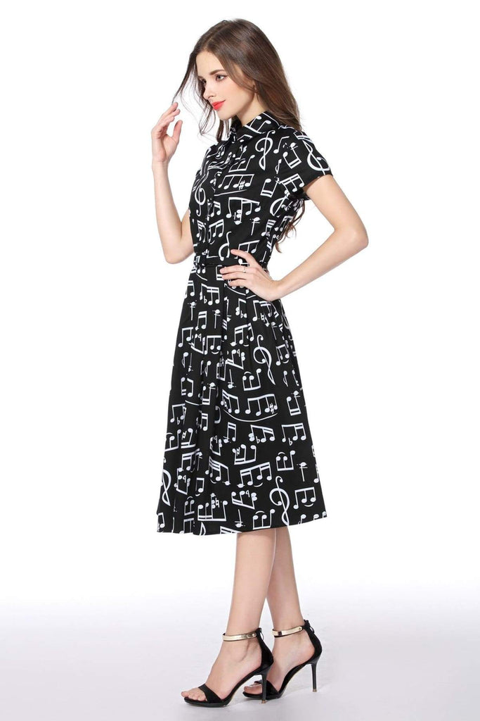 Musical Notes Black Collared Cotton Vintage Dress