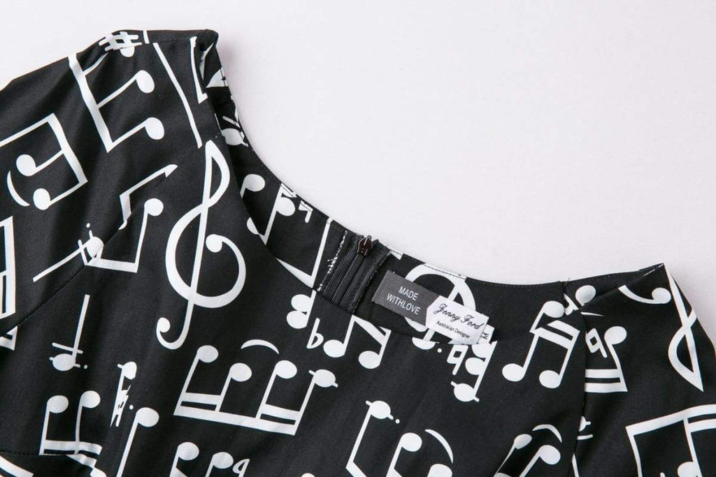 Musical Notes Black Scoop Neck Vintage Dress
