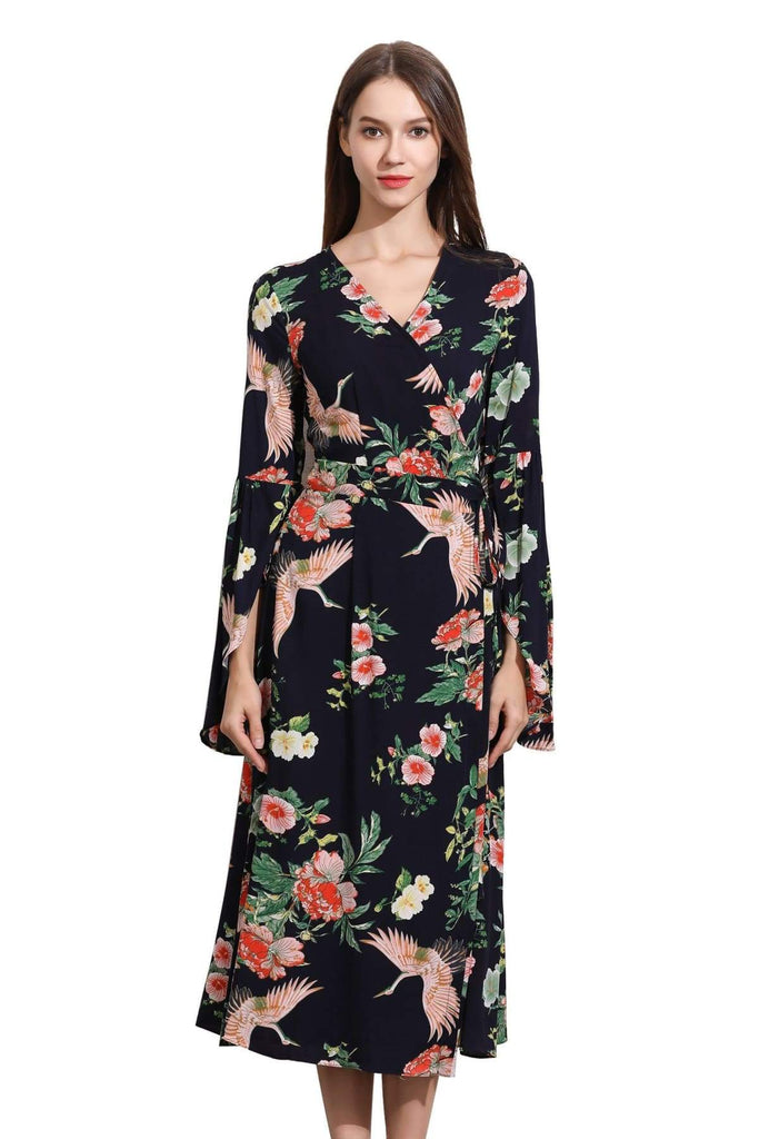 Navy Angel Sleeve with Pink Cranes and Peonies Wrap Dress