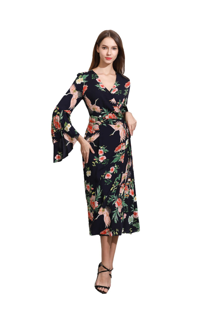 Navy Angel Sleeve with Pink Cranes and Peonies Wrap Dress