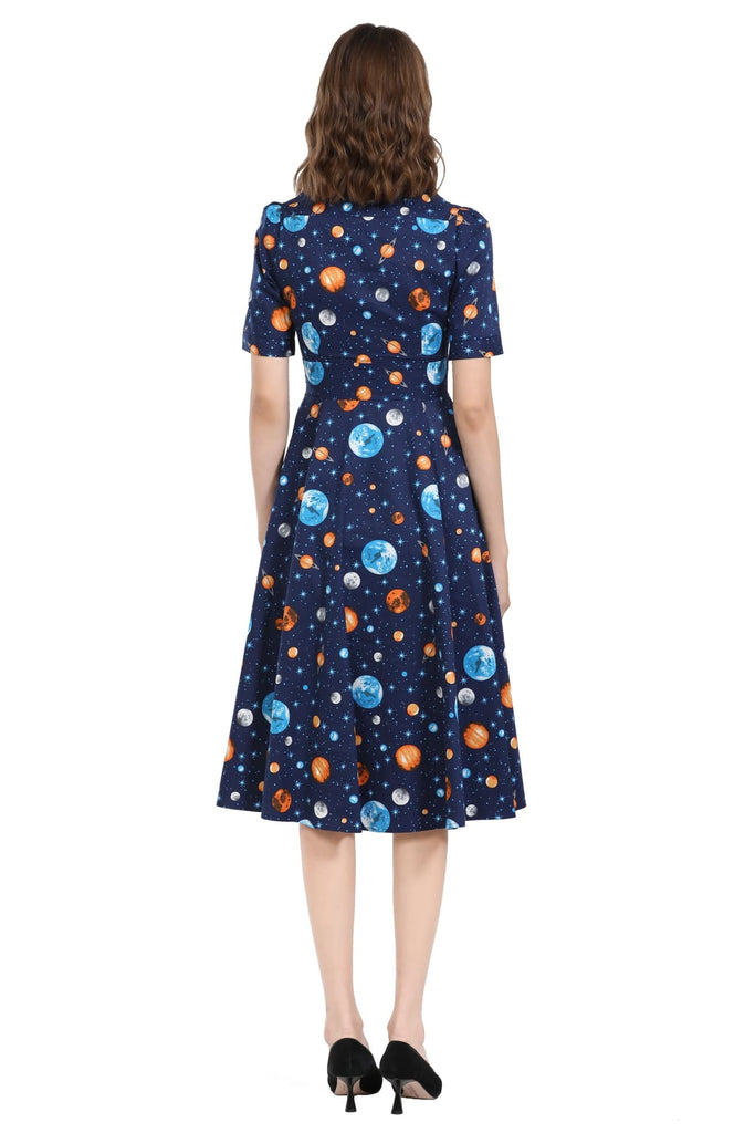 Navy Blue Bright Starred Solar System V Neck Button Up Cinched Waist Short Sleeve Cotton Dress with Pockets