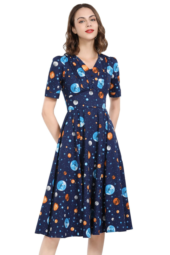 Navy Blue Bright Starred Solar System V Neck Button Up Cinched Waist Short Sleeve Cotton Dress with Pockets