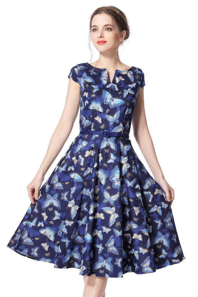Navy Blue Butterfly V Neck Vintage Dress