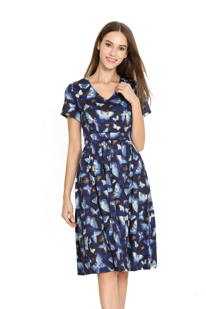 Navy Blue & Gold Butterfly V Neck Pleated A Line Dress with Sleeves