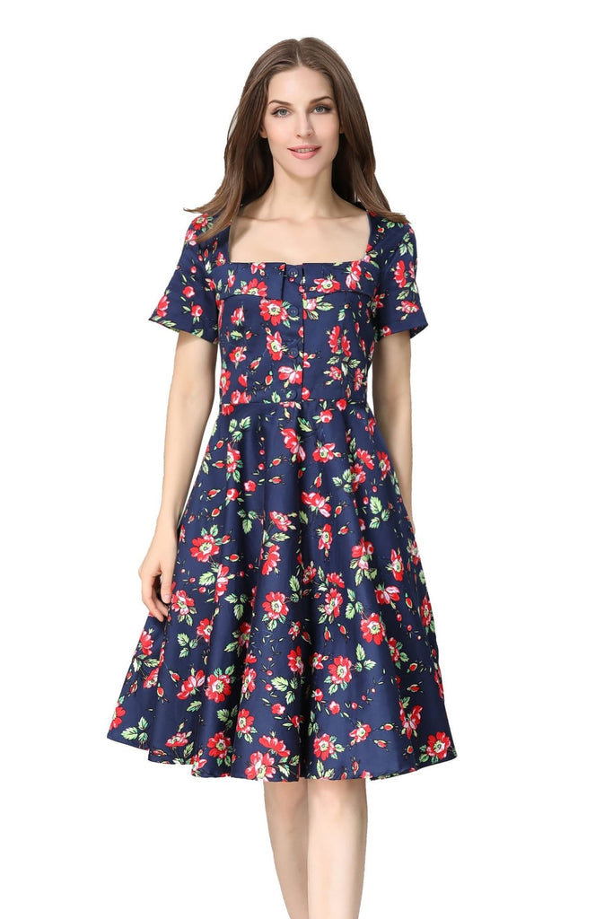 Navy and Bright Red Carnation Folded Collar A Line Dress with Pockets