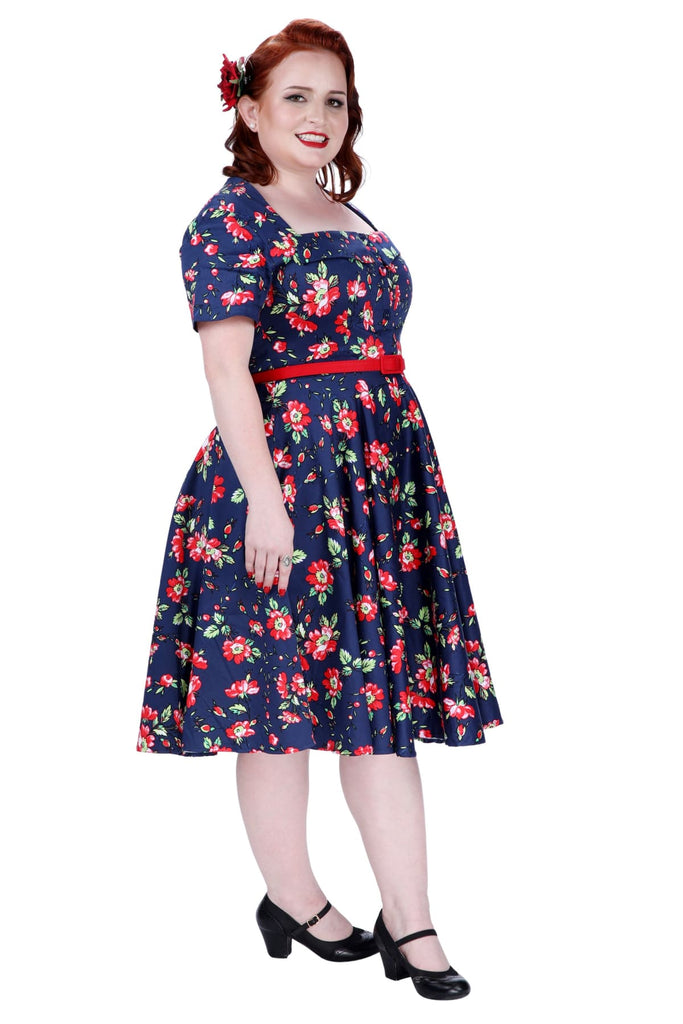 Navy and Bright Red Carnation Folded Collar A Line Dress with Pockets