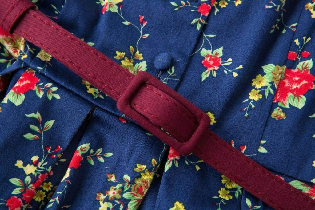 Navy & Flowers Collared Cotton Vintage Dress