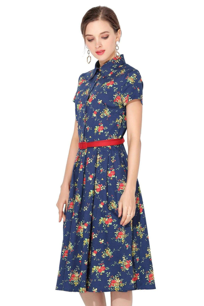 Navy & Flowers Collared Cotton Vintage Dress