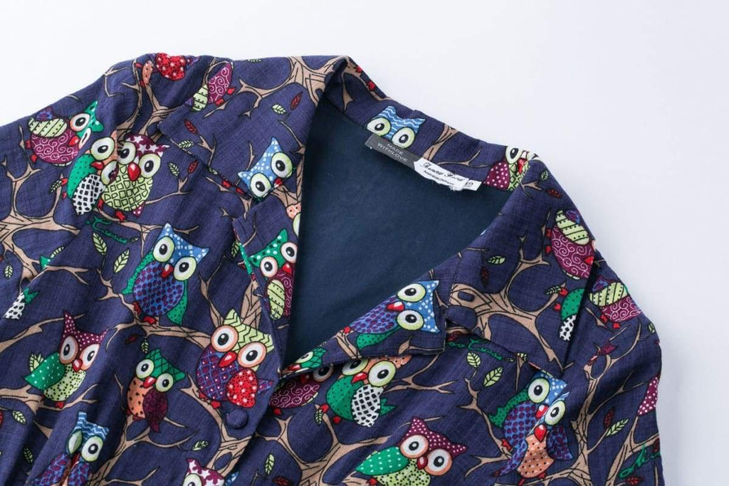 Navy Fun Winking Owl Collared T-Shirt Vintage Dress