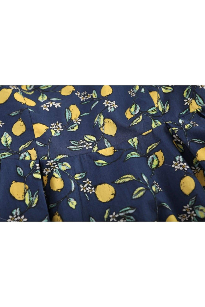 Navy Lemon Scoop Neck Lattice Detail A Line Cotton Dress with Pockets