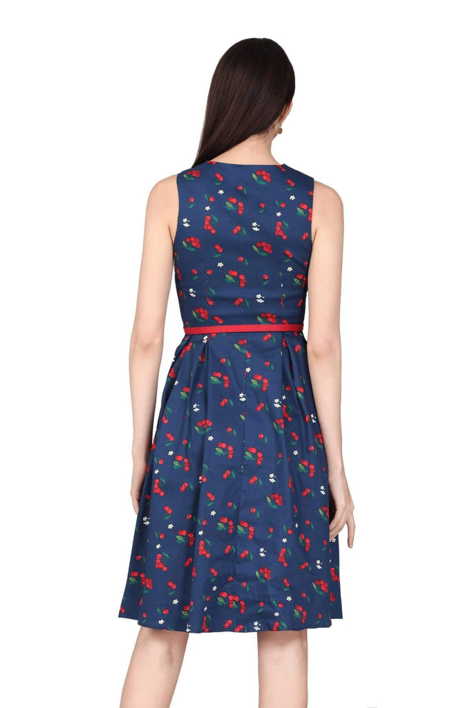 Navy V Neck Cherry with Blossom Flower A-Line Cotton Dress with Pockets