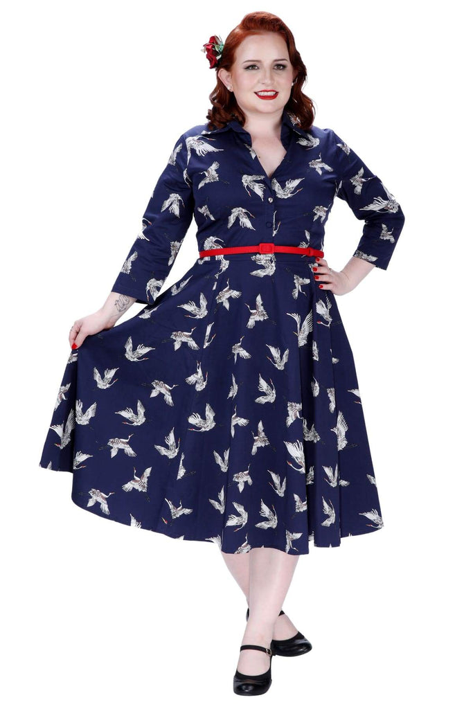 Navy V Neck Collared With Sleeves White Dancing Cranes Vintage Dress