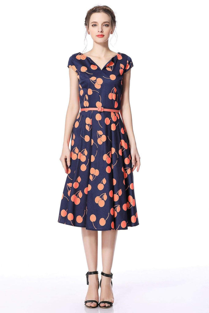 Navy Orange Cherry V Neck Vintage Swing Dress