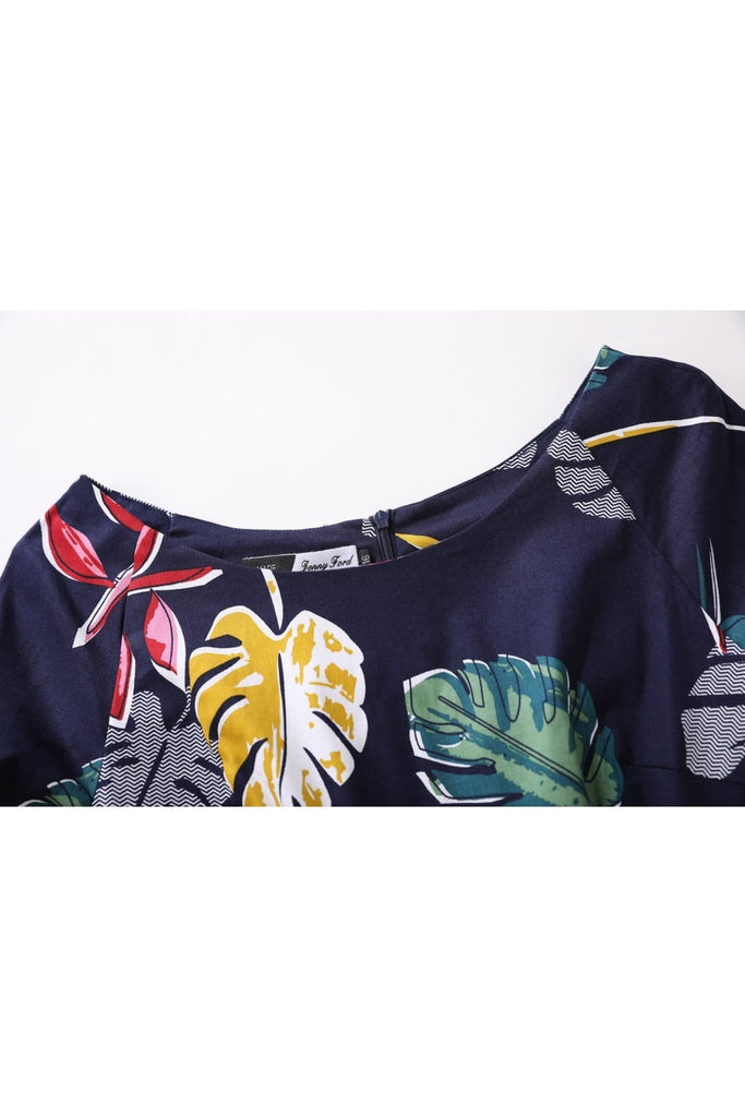 Navy Scoop Neck with Coloured Tropical Palm Leaf A Line Dress with Pockets