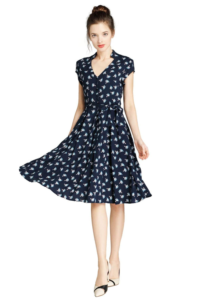 Navy Standing Collar V Neck Floating Swan Pleated Dress with Pockets