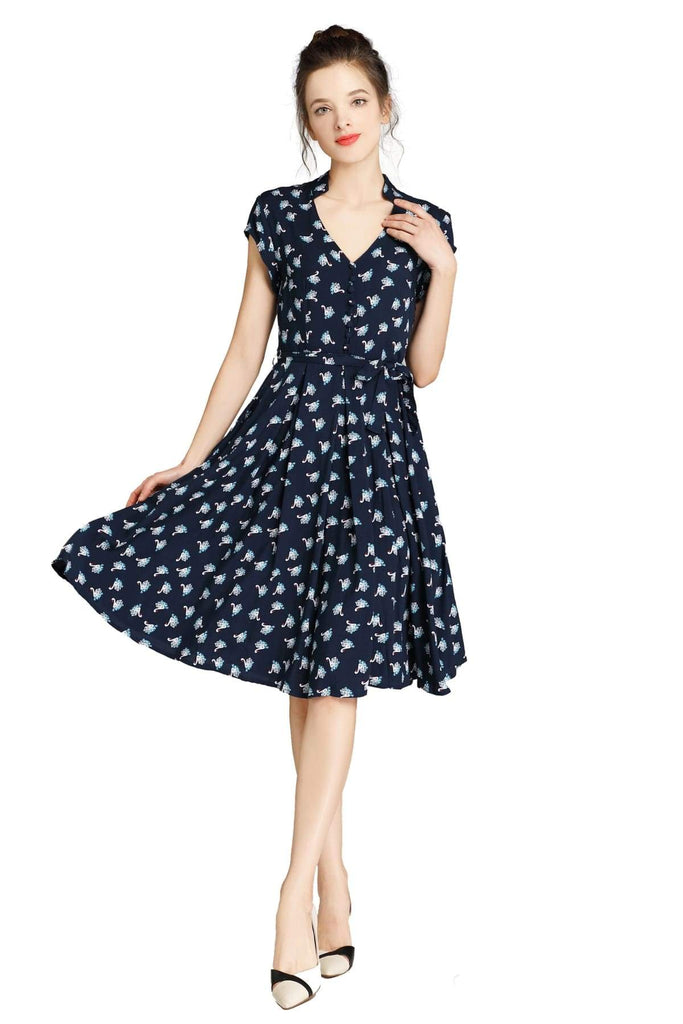 Navy Standing Collar V Neck Floating Swan Pleated Dress with Pockets