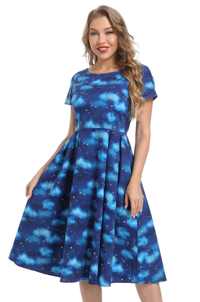 Navy Starry Night Scoop Neck Cotton Vintage Dress with Pockets