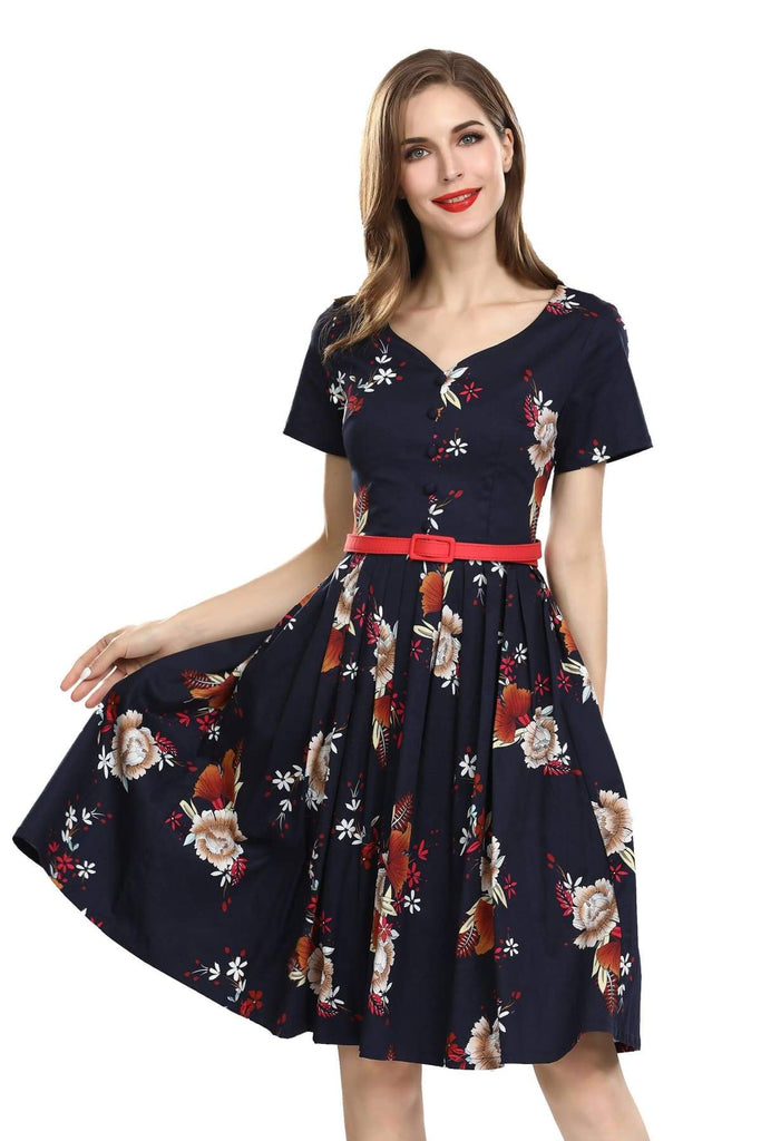 Navy with White Peony Sweetheart Pleated A-Line Dress with Fuchsia and White Daisy Short Sleeve Vintage Dress