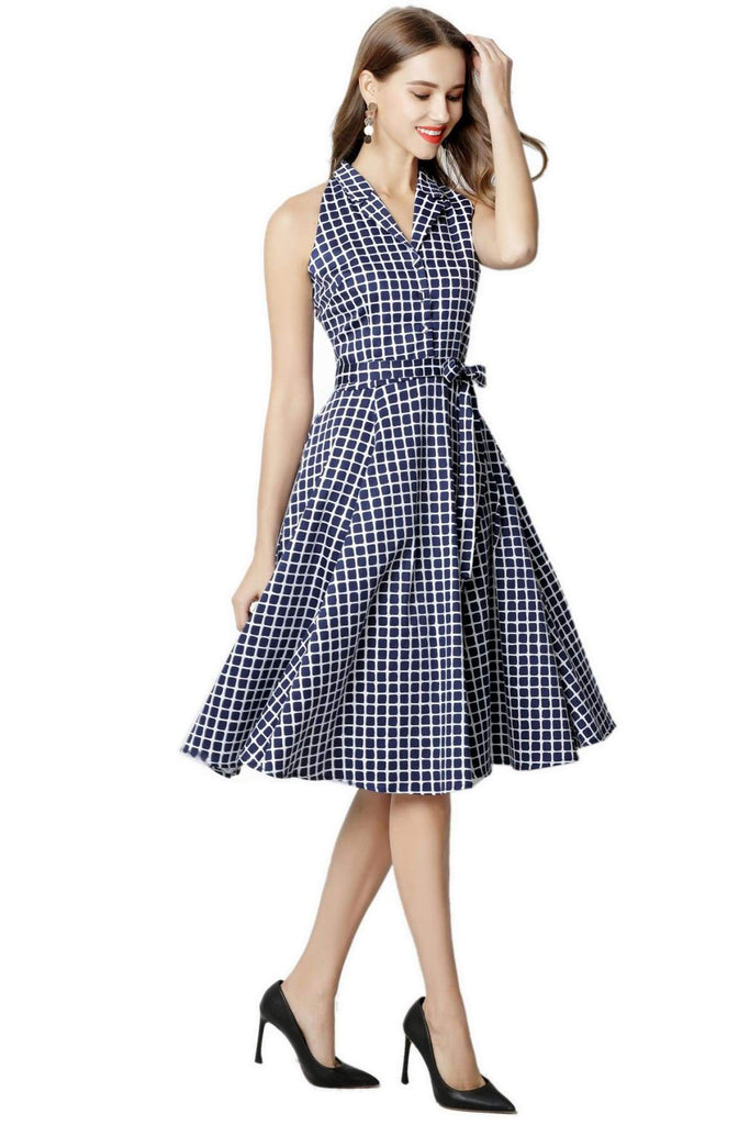 Navy and White Plaid Halter Top Vintage Dress