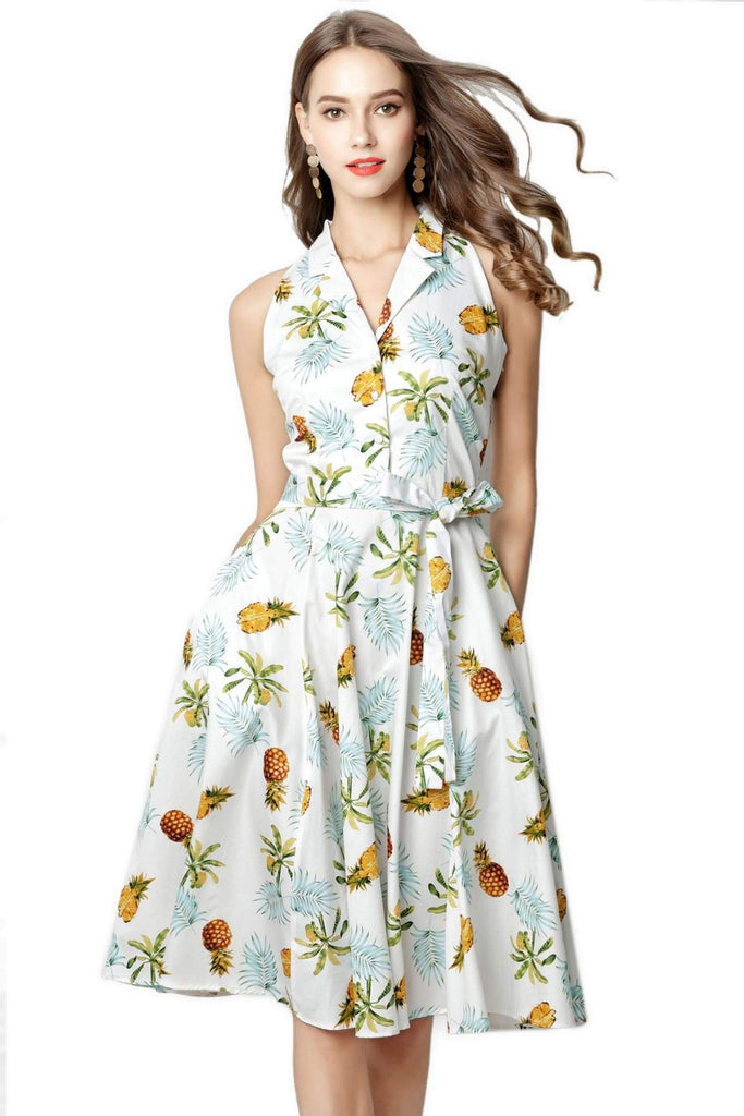 Pineapple and Palm White Halter Top Vintage Dress