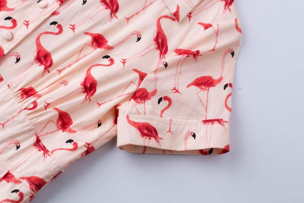 Pink Flamingo Print Collared Cotton Vintage Dress