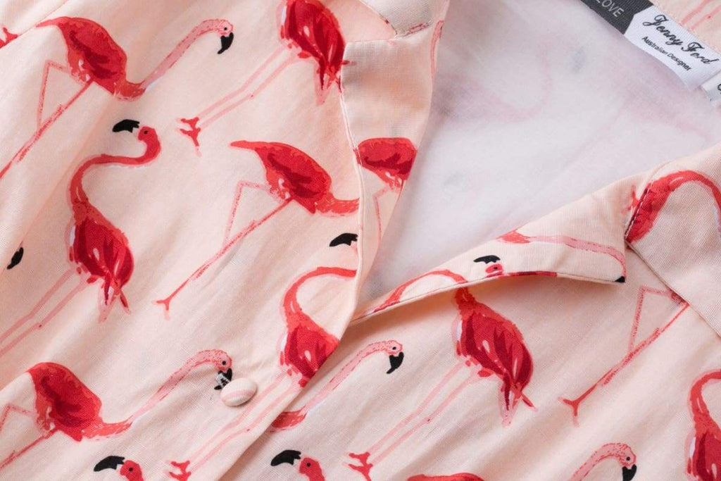 Pink Flamingo Print Collared Cotton Vintage Dress