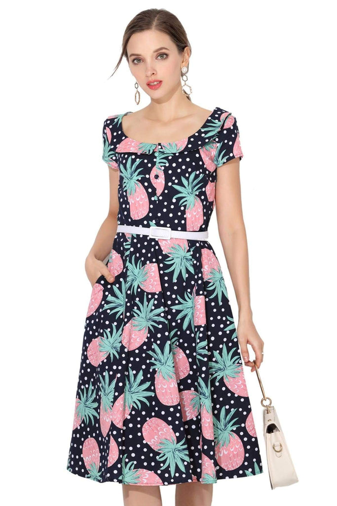 Pink & Mint Pineapple Peter Pan Scoop Neck Vintage Dress