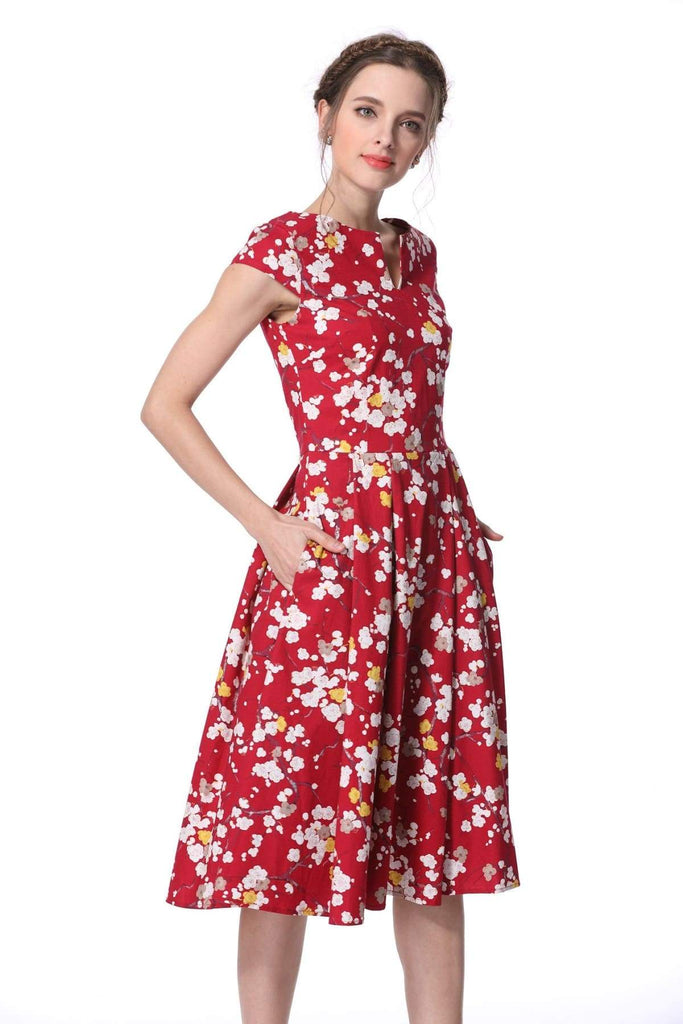 Red Blossom V Neck Vintage Dress