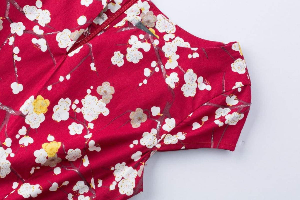 Red Blossom V Neck Vintage Dress