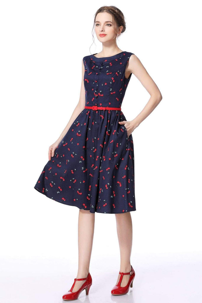 Red Cherry and Navy Buttoned Boat Neck Vintage Swing Dress