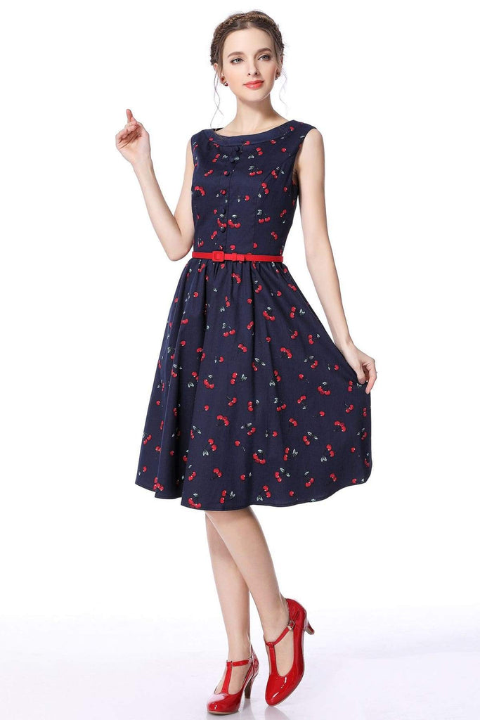 Red Cherry and Navy Buttoned Boat Neck Vintage Swing Dress