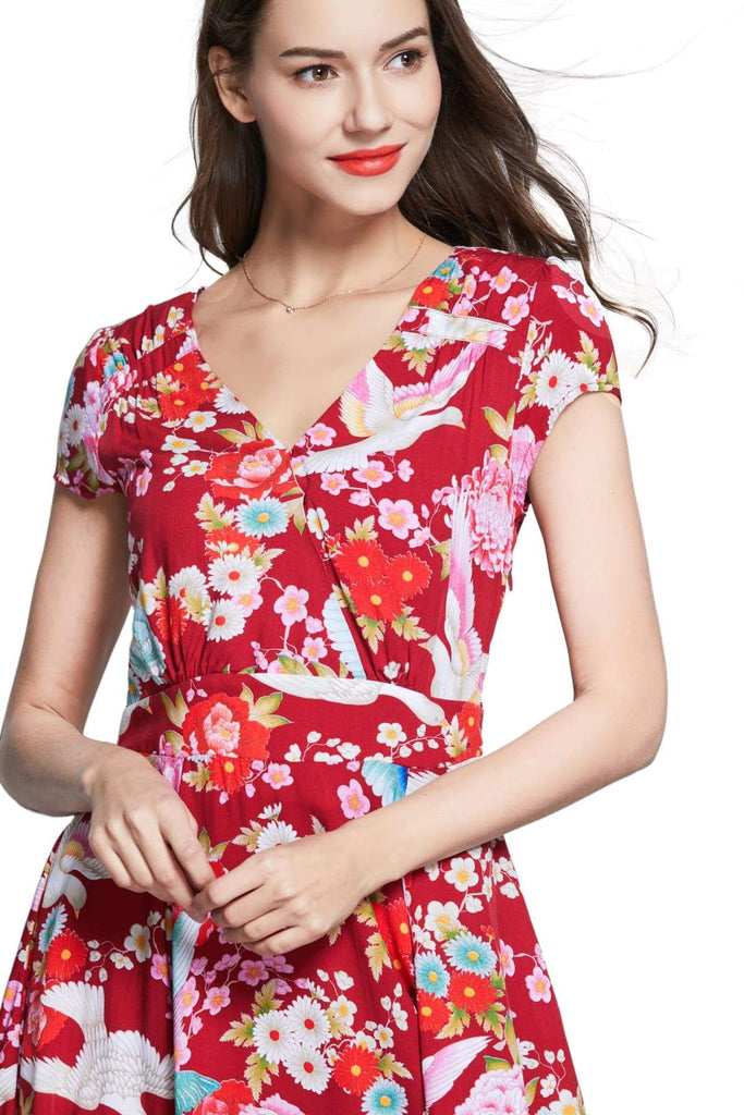 Red V Neck Cross Over Dress with Gorgeous Rainbow Birds and Coloured Daisy Peony with Pockets