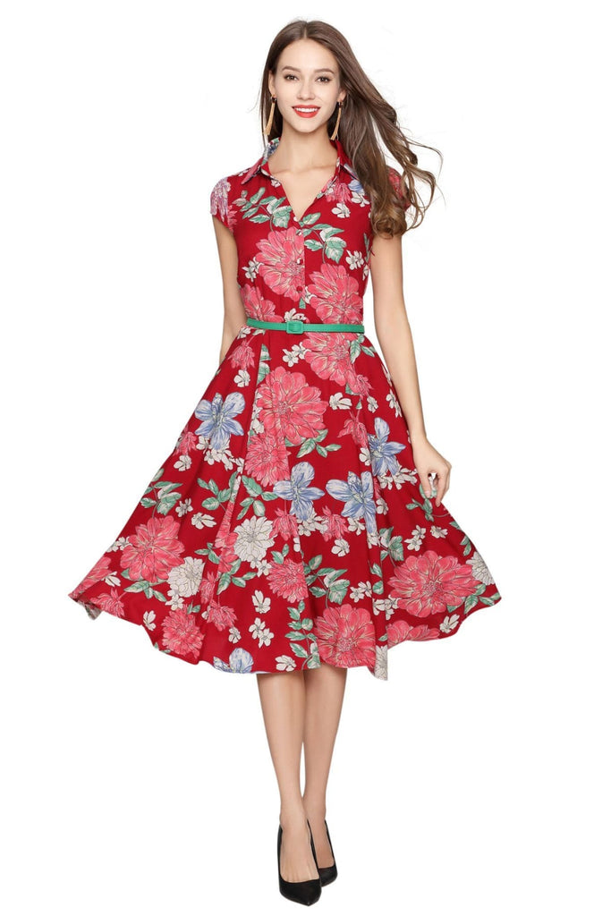 Red Peony Collared Vintage Dress