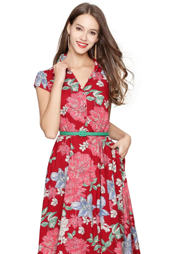Red Peony Collared Vintage Dress
