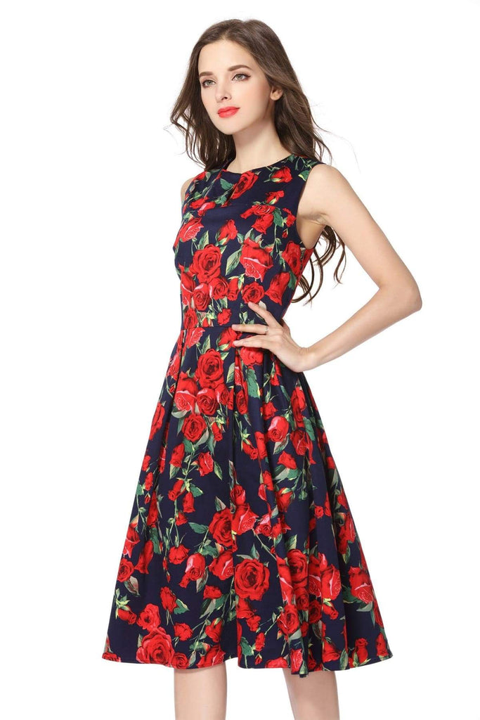 Red Rose and Navy V Neck Vintage Dress