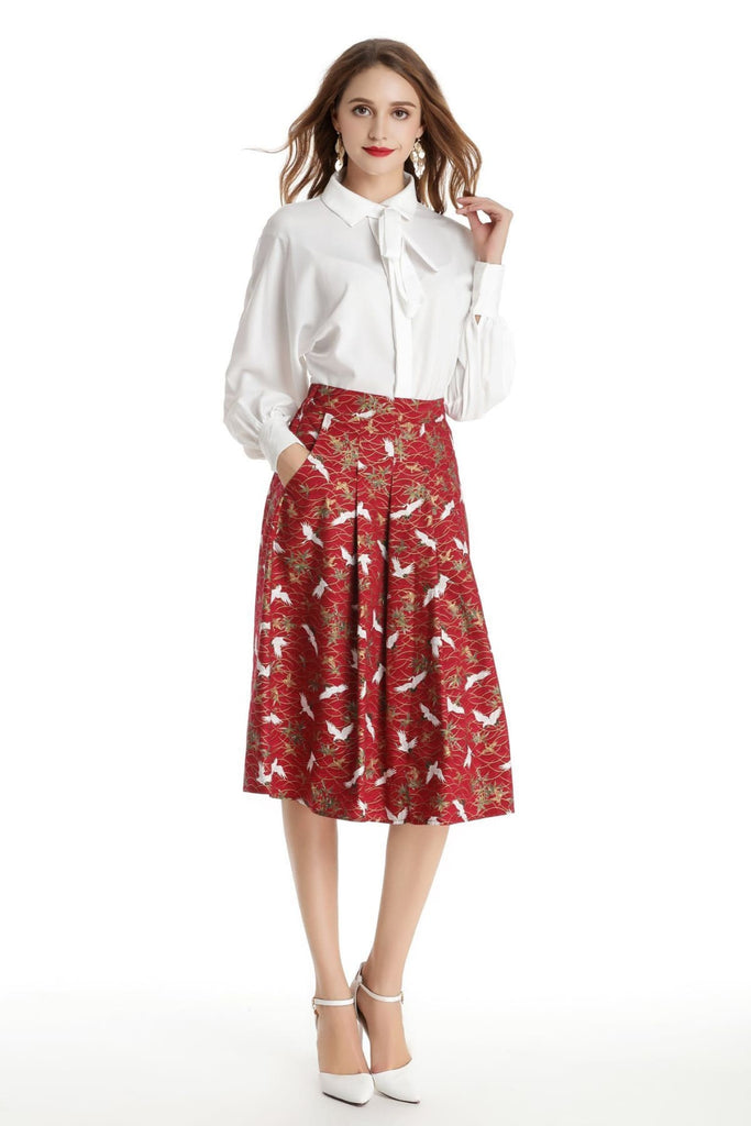 Red with White Japanese Cranes A Line Skirt