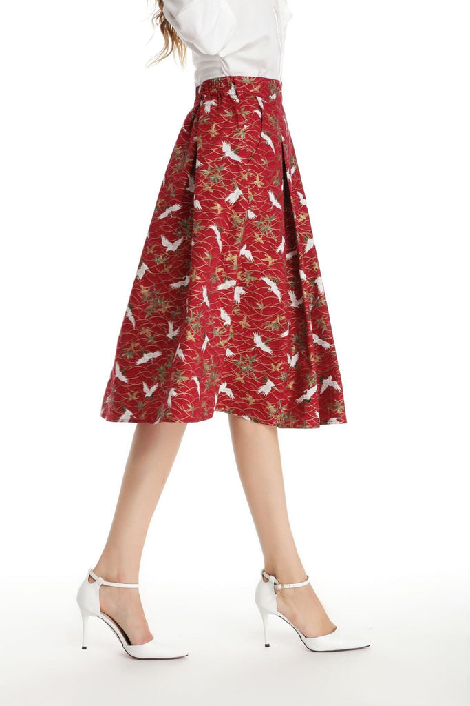 Red with White Japanese Cranes A Line Skirt