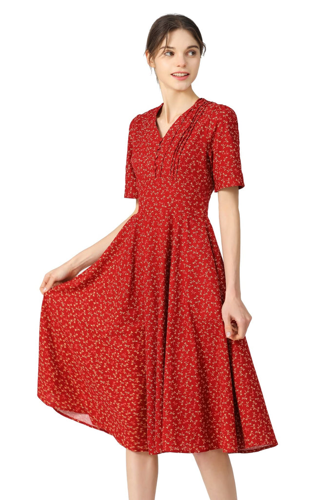 Red with Yellow Dragon Fly V Neck Button Up Cinched Waistline A Line Short Sleeve Cotton Dress with Pockets