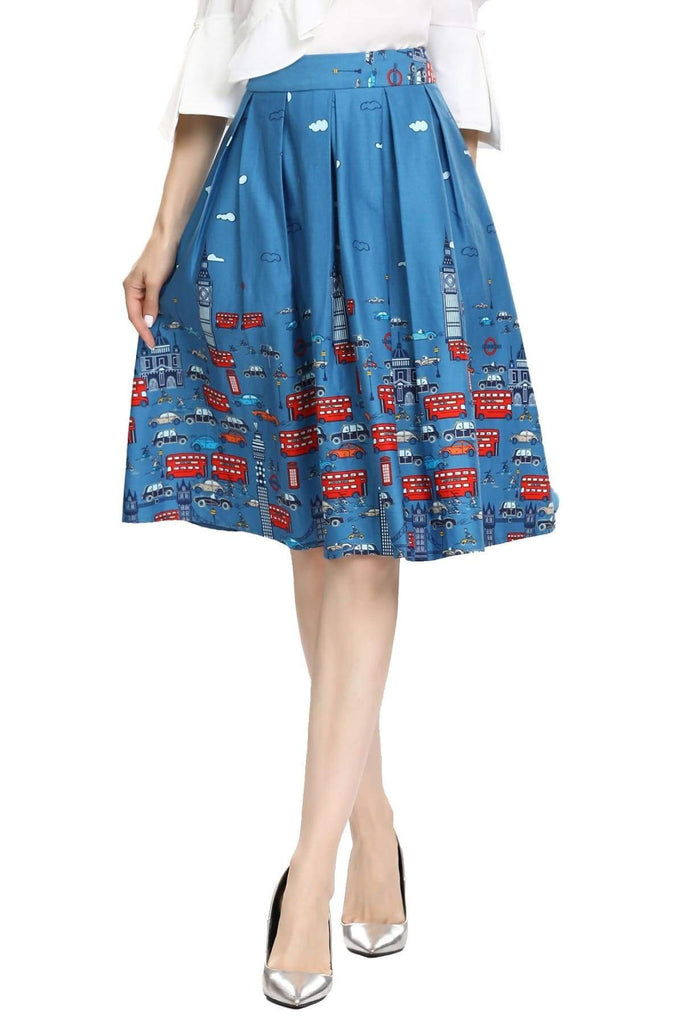 Royal Blue Iconic London Travel Box Pleat Skirt with Pockets